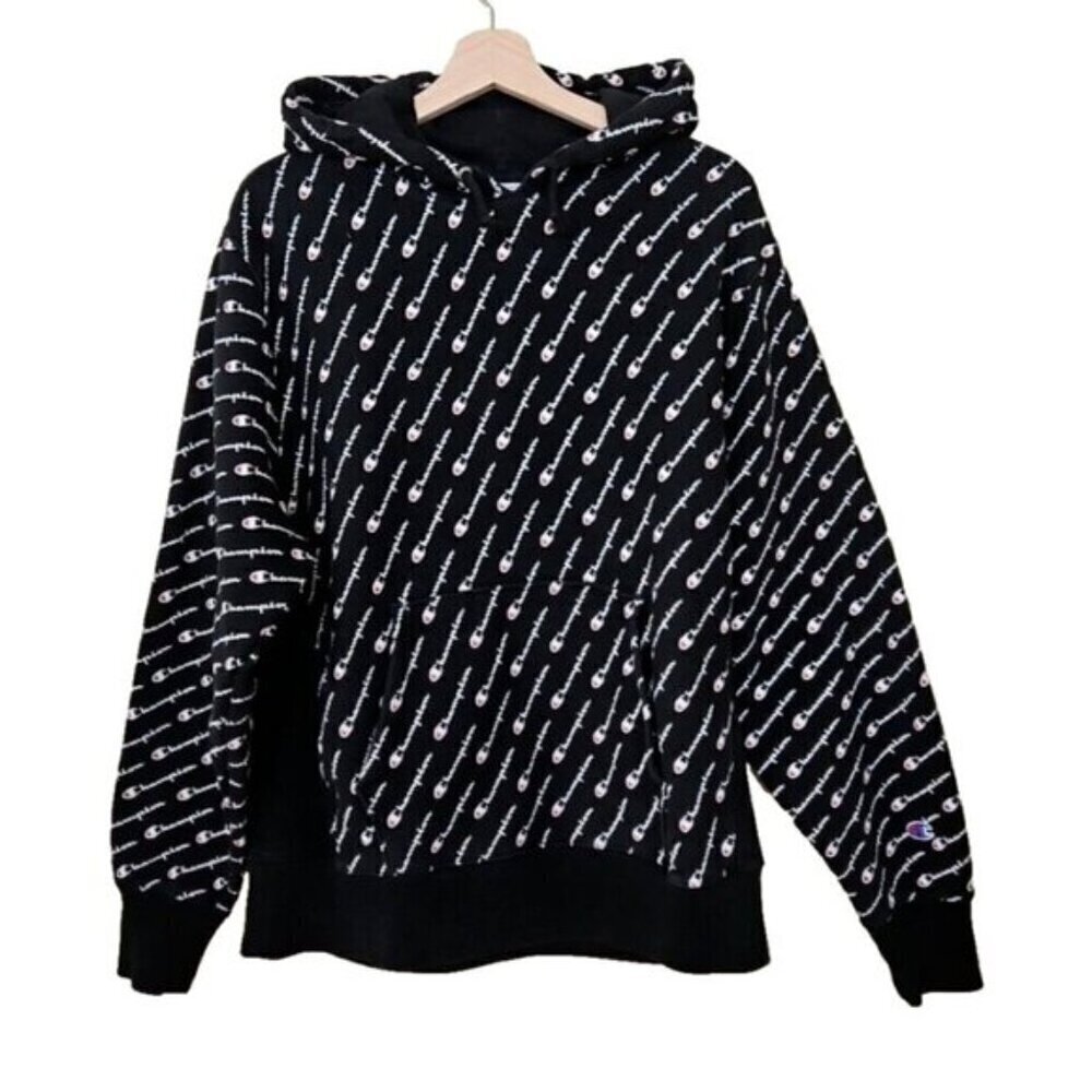Champion Hoodie Mens L Black AOP Kanga Pocket LS Reverse Weave Y2K Streetwear